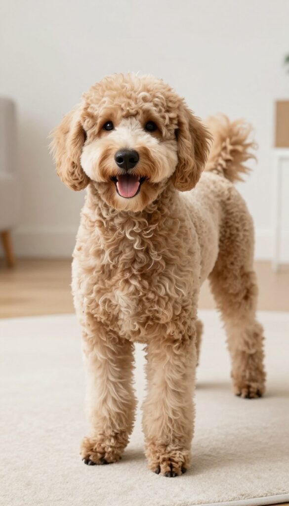 A Labradoodle or Goldendoodle with a short, even Practical Puppy Cut haircut, standing on a soft mat in bright natural light, showcasing a low-maintenance and neat appearance for active dogs and busy owners.