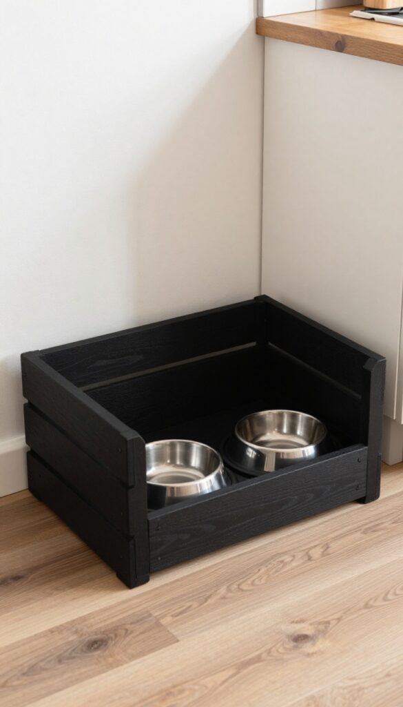 A black wooden crate feeding nook for dogs in a rustic home setting, featuring secure bowls and natural light.