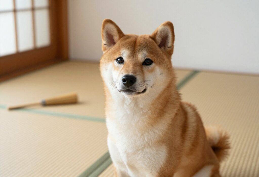 A Shiba Inu with a neat Japanese grooming style in a serene, minimalist room setting.