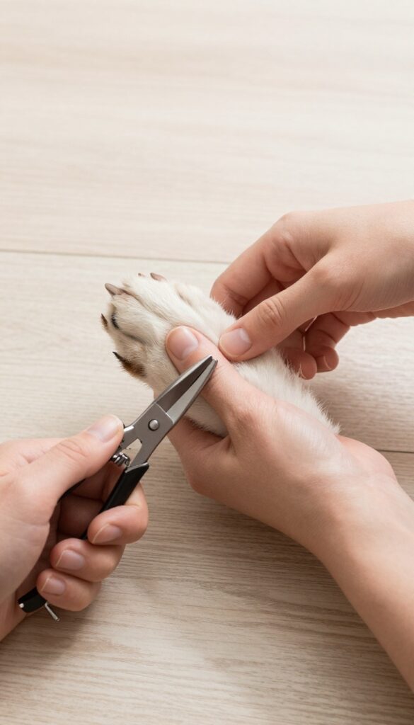 A close-up photo of dog nail clippers with safety guard being used on a dog's paw during grooming.