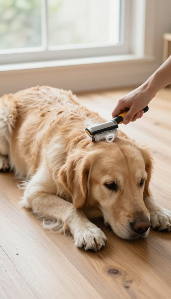 A Golden Retriever being groomed with a deshedding tool during shedding season, showing efficient fur removal in a calm, well-lit home setting.