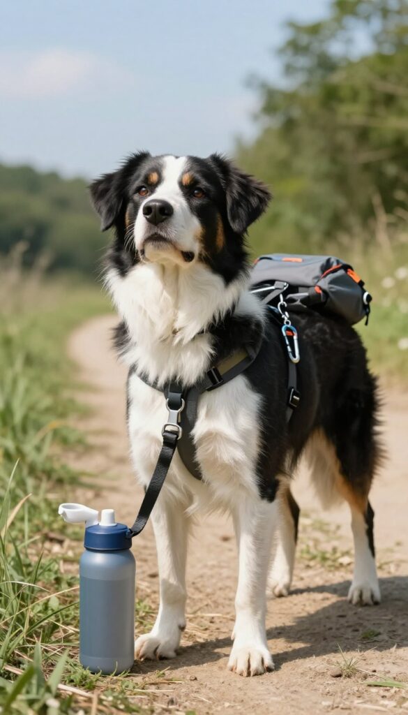 A dog on a hiking trail with a portable water bottle attached to its leash, illustrating convenient hydration during outdoor activities.
