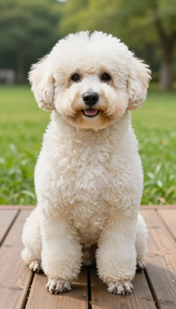 A well-groomed Poodle in natural light, demonstrating professional dog grooming skills for a business card design.