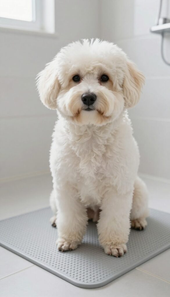A calm dog standing on a non-slip mat in a bright bathroom, illustrating how stable footing reduces anxiety during grooming.