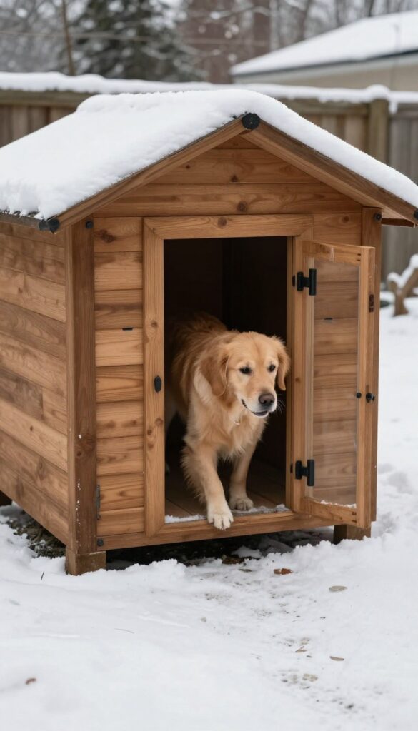 Heated dog house with door flap and golden retriever entering