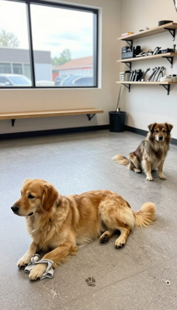 A clean dog grooming shop interior showcasing durable, easy-clean flooring being wiped after a spill, with natural light and organized tools in the background.