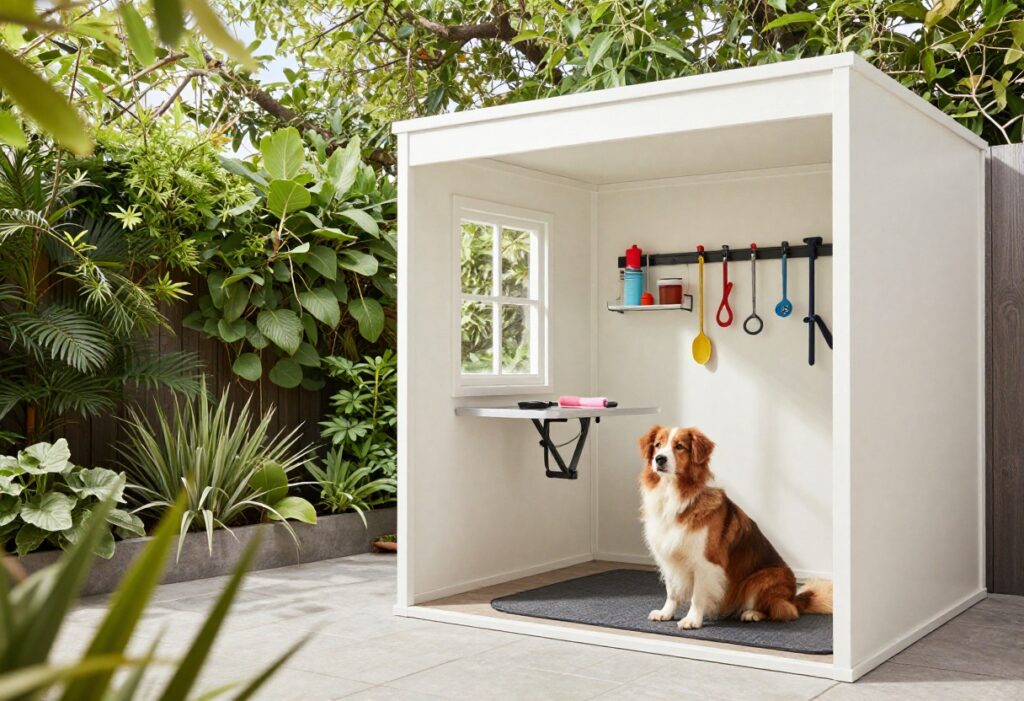 A well-organized backyard dog grooming shed with grooming tools and a relaxed dog, showcasing a functional and inviting space for pet care.
