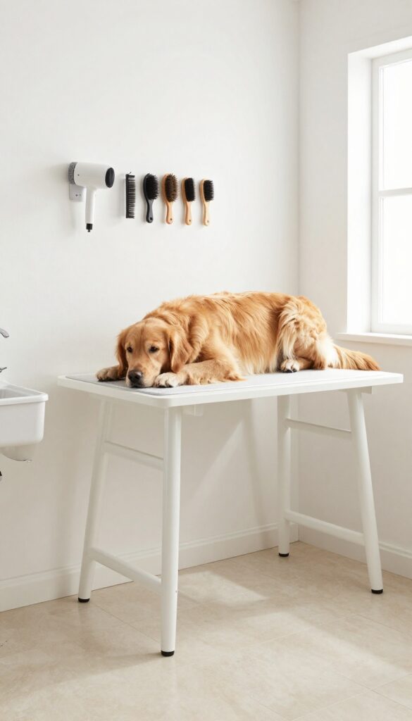 Dog grooming corner with easy-clean surfaces, featuring a grooming table, wall-mounted dryer, and non-slip mat on tile floor.