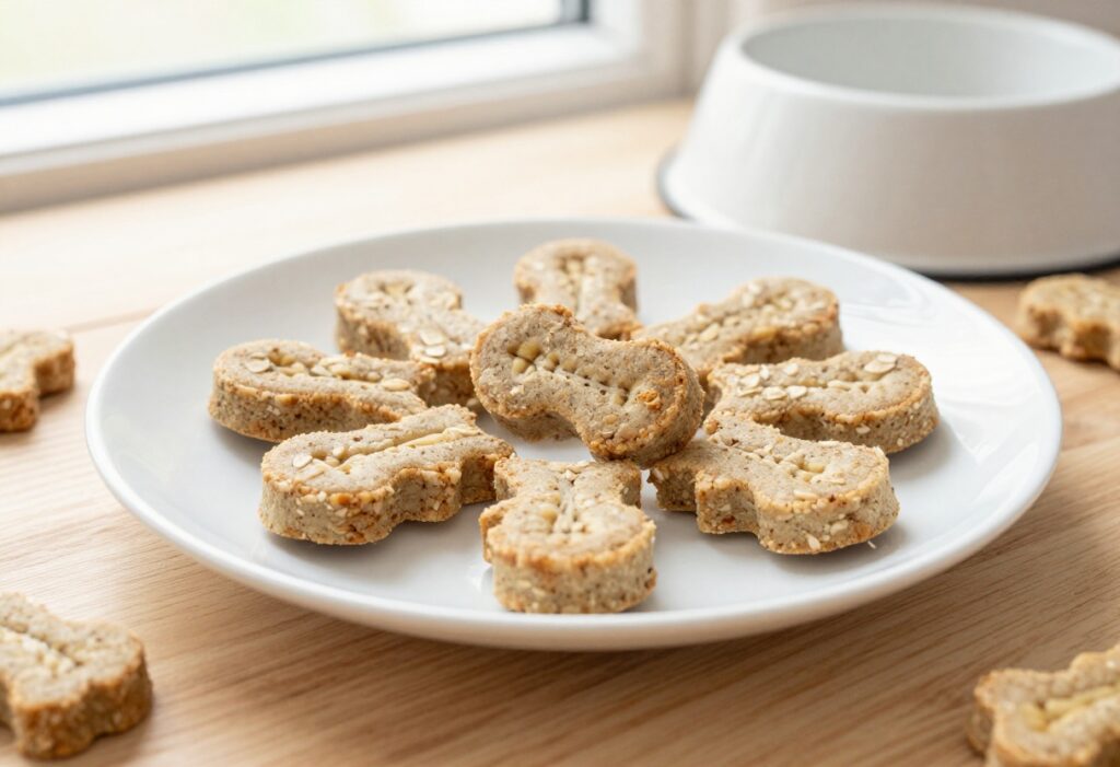 Homemade soft banana oat dog treats arranged on a white plate, showcasing healthy snack options for dogs in a bright, natural setting.
