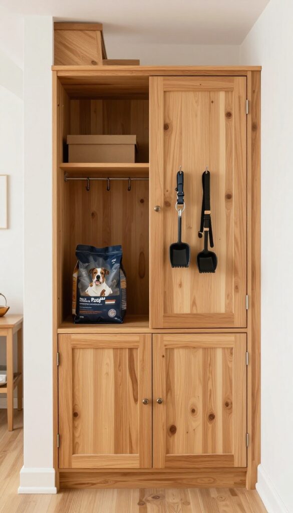 A custom wooden cabinet under a staircase storing dog food and supplies in a bright, organized home interior.
