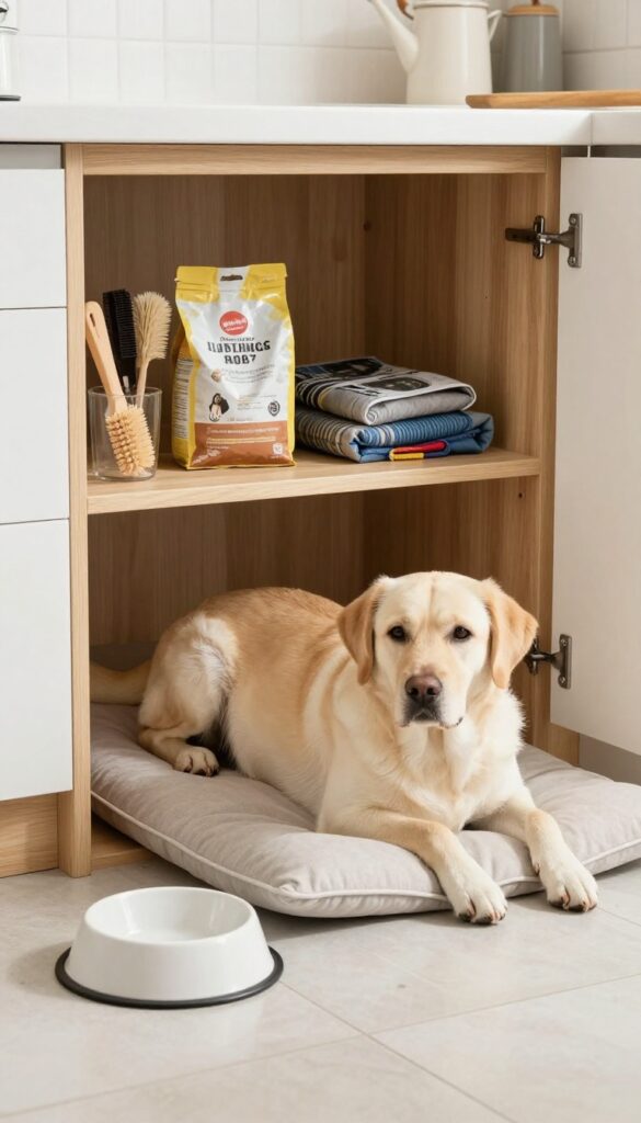 A built-in bench with hidden storage for dog gear, featuring a dog lounging on the cushion and an open seat revealing organized food and tools in a bright, tidy room.