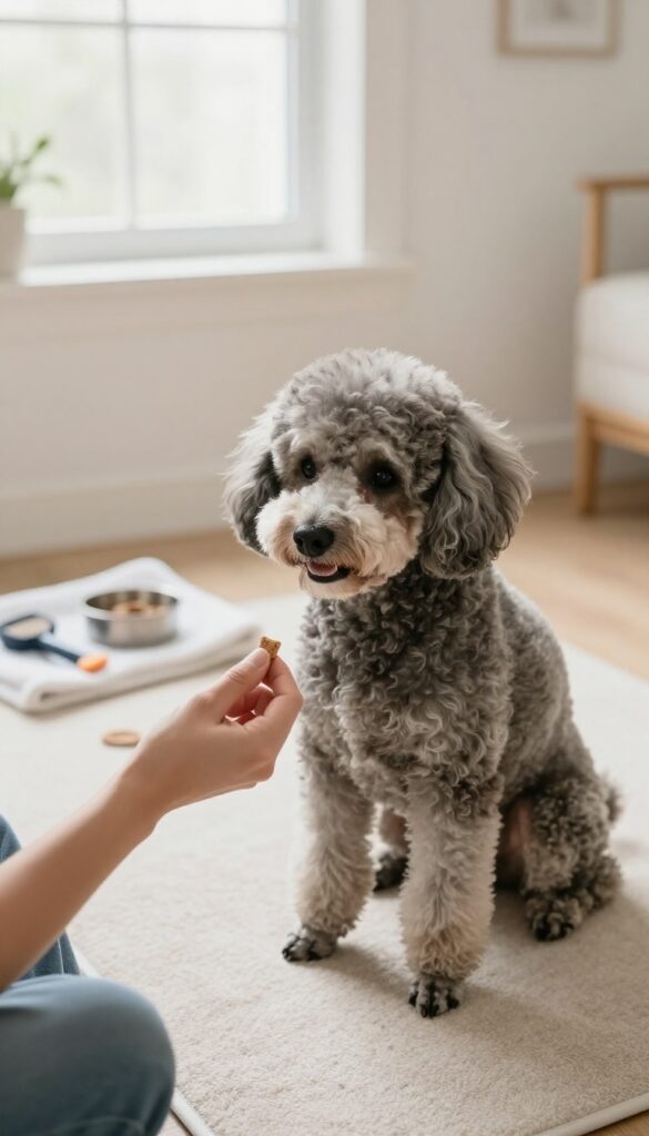 A poodle receiving a treat during grooming to reinforce calm behavior in a bright, natural-light setting.