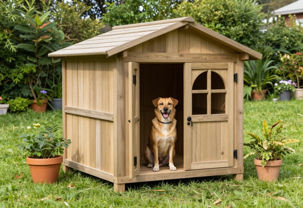 Outdoor dog house with a dog sitting on the porch in a backyard