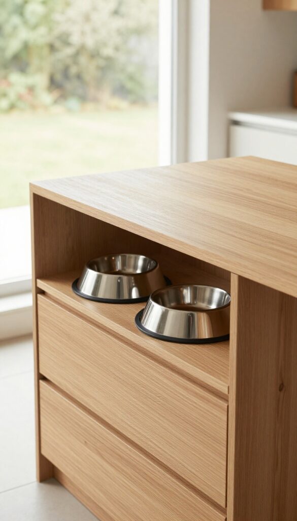 Modern kitchen island with built-in dog bowl holders and storage drawers in bright natural light