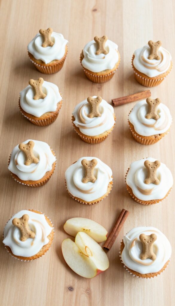 Homemade apple cinnamon pupcakes for dogs topped with yogurt-peanut butter frosting and a mini dog treat.