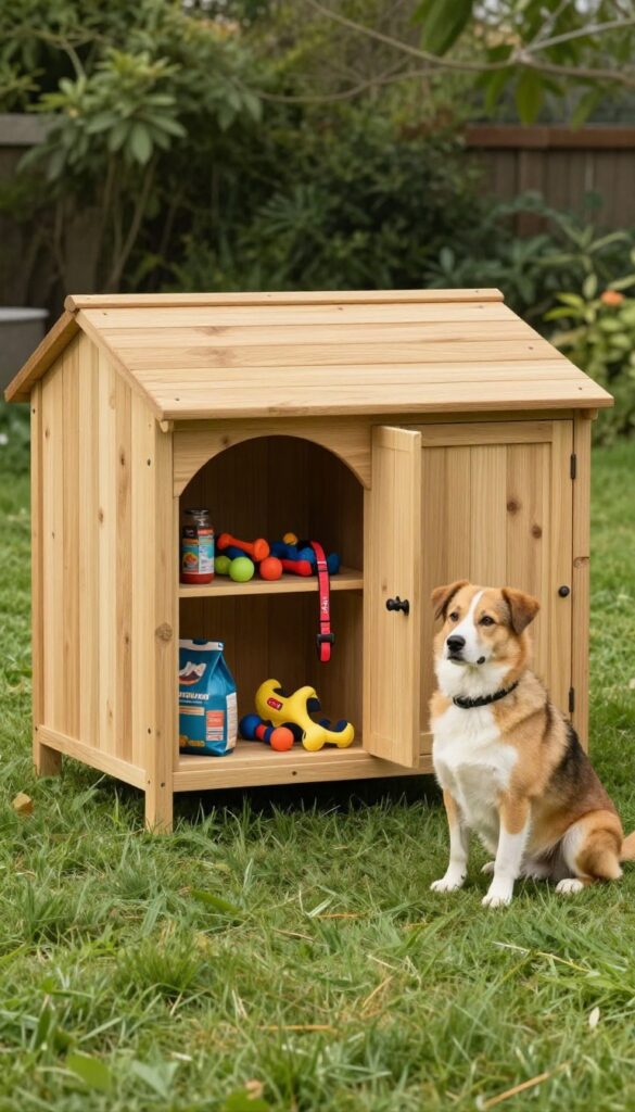DIY dog house with built-in storage compartment open showing toys and leash, dog sitting beside it on grass