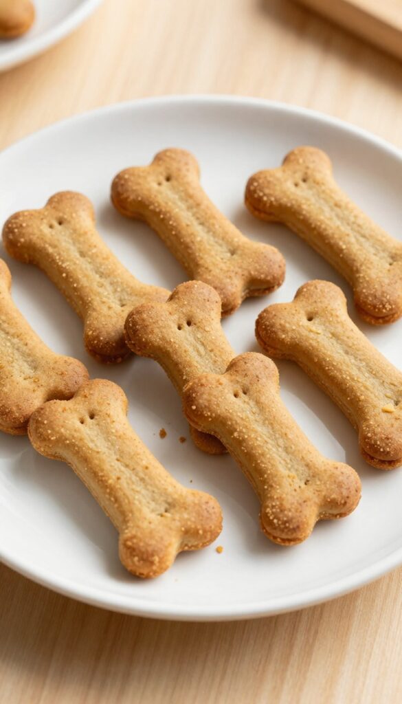 Homemade peanut butter oat dog biscuits, golden-brown and bone-shaped, on a plain white plate with natural lighting, for a dog treat recipe blog.