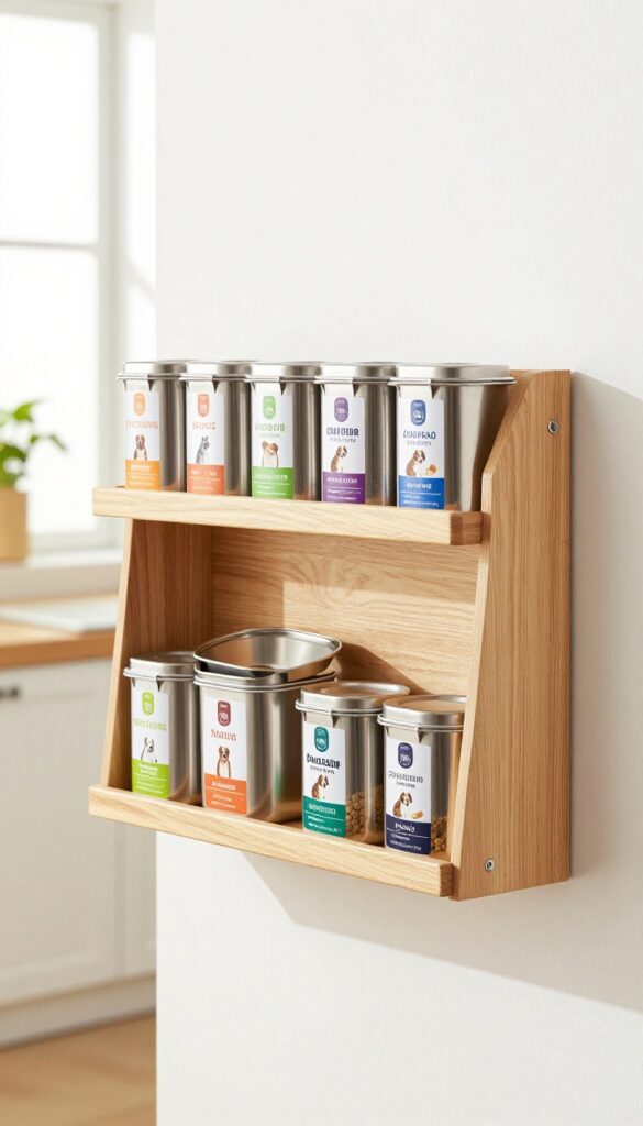 Custom-built wooden shelf with stainless steel dog food containers in a bright kitchen setting