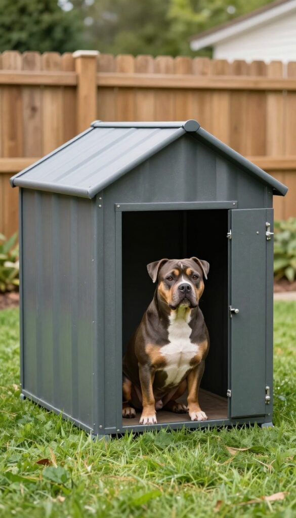 Heavy-duty metal dog house for large chewers in a backyard