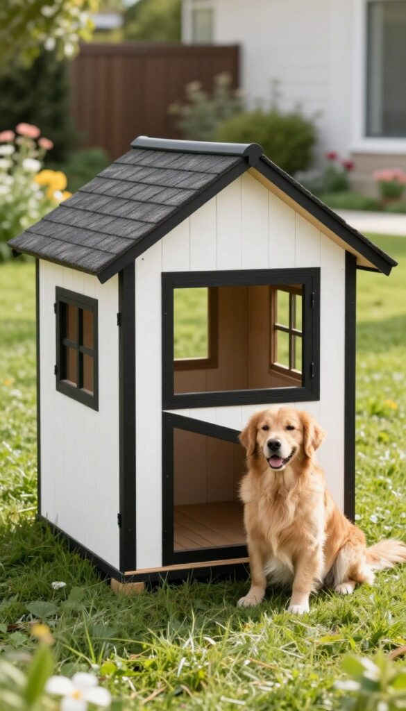 Classic farmhouse white dog house with black trim in sunny backyard