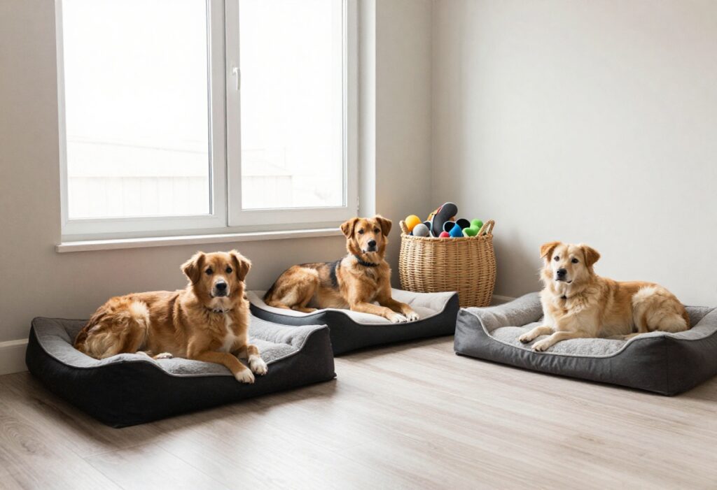 Three dogs relaxing on individual beds in a sunny corner of a living room