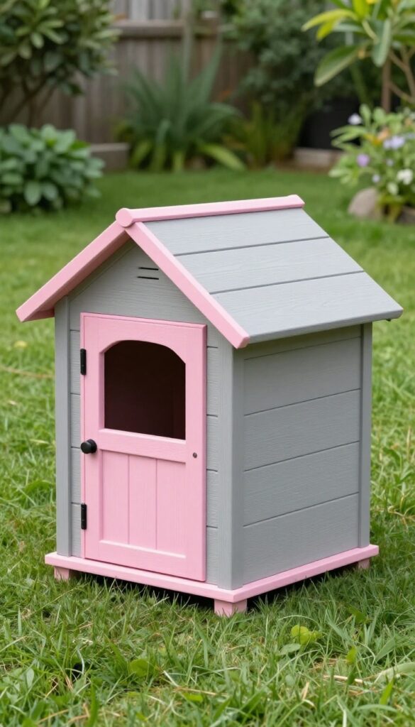 Two-tone pink and gray modern shed dog house in a sunny backyard