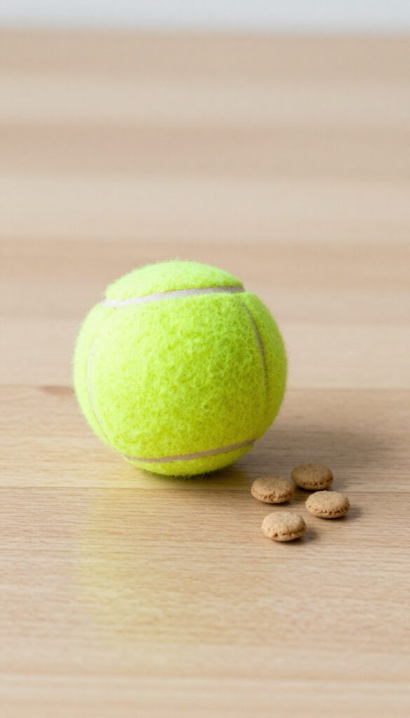 A tennis ball with a slit, used as a treat dispenser for dogs, shown on a plain wooden floor in natural light, with treats visible inside and around it.