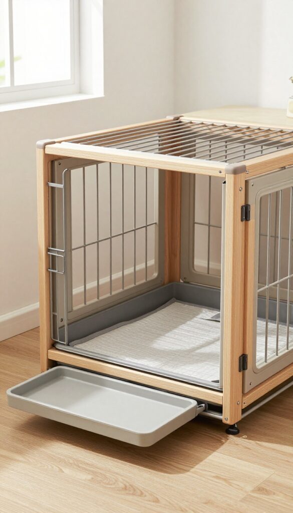 Dog crate with pull-out tray for easy cleaning in a bright, clean living room