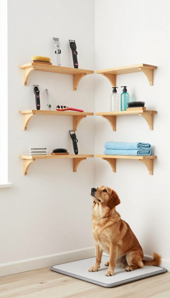 A photorealistic image of a DIY dog grooming station with wall-mounted shelves in a bright corner, showing organized grooming tools and a calm dog sitting below.