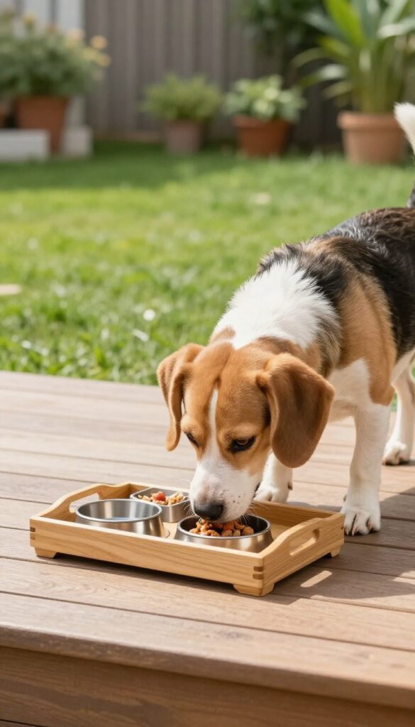 A dog eating from a portable wooden feeding tray with raised edges on an outdoor patio, showcasing tidy mealtime in natural light.