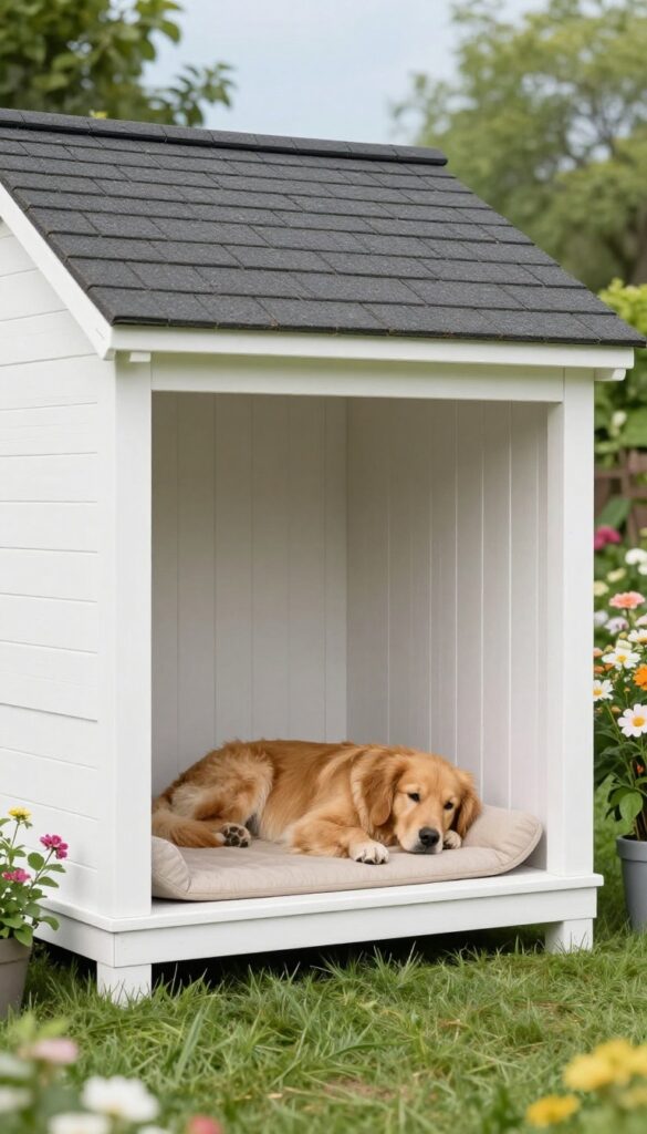 Dog house with porch for lounging in backyard