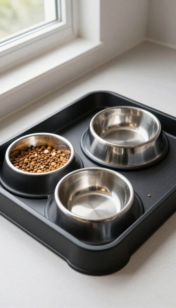 A black plastic feeding tray with raised edges holding dog bowls, designed to contain spills in a modern home setting.