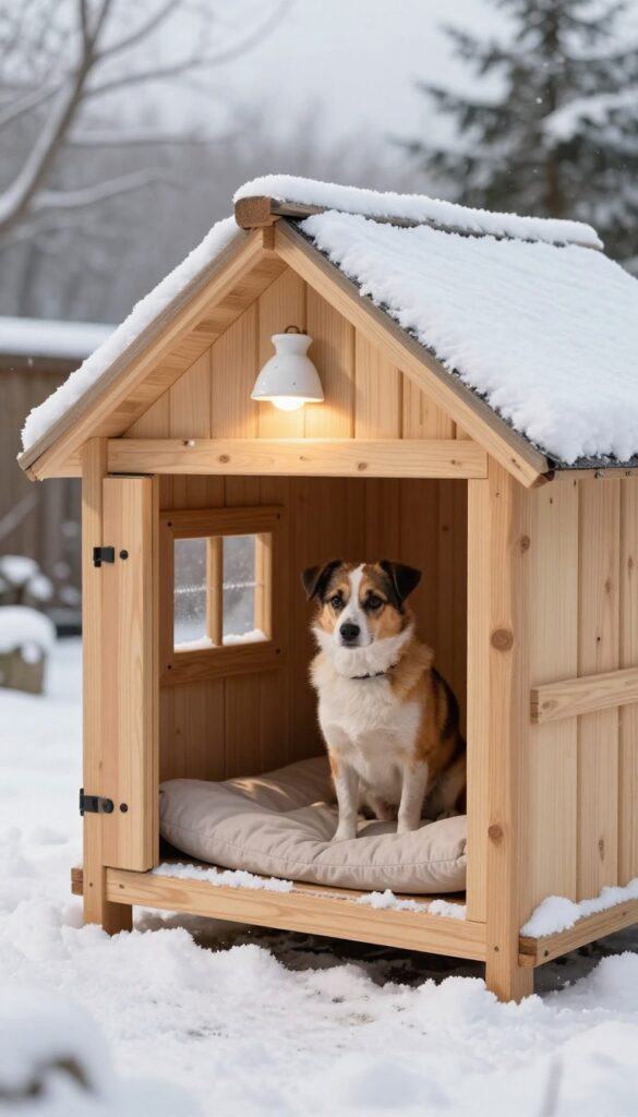 A heated dog house in winter with a ceramic heater and a warm dog inside