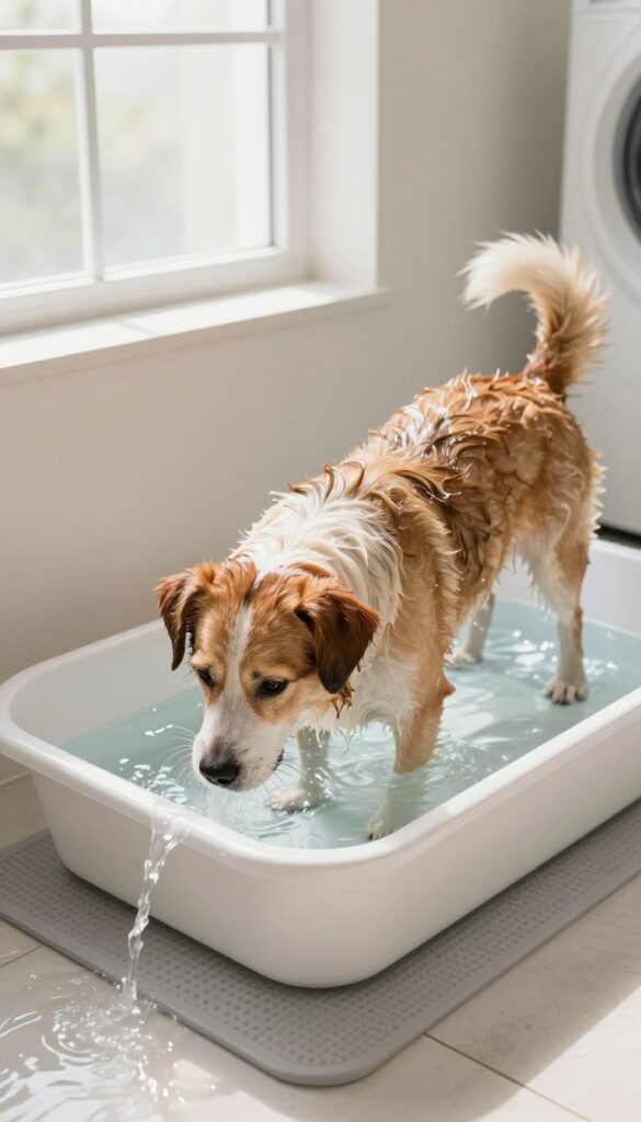 A realistic photo of a dog bath in a laundry room with a drainage tray to prevent water overflow, showcasing clean flooring and natural light for a functional grooming setup.