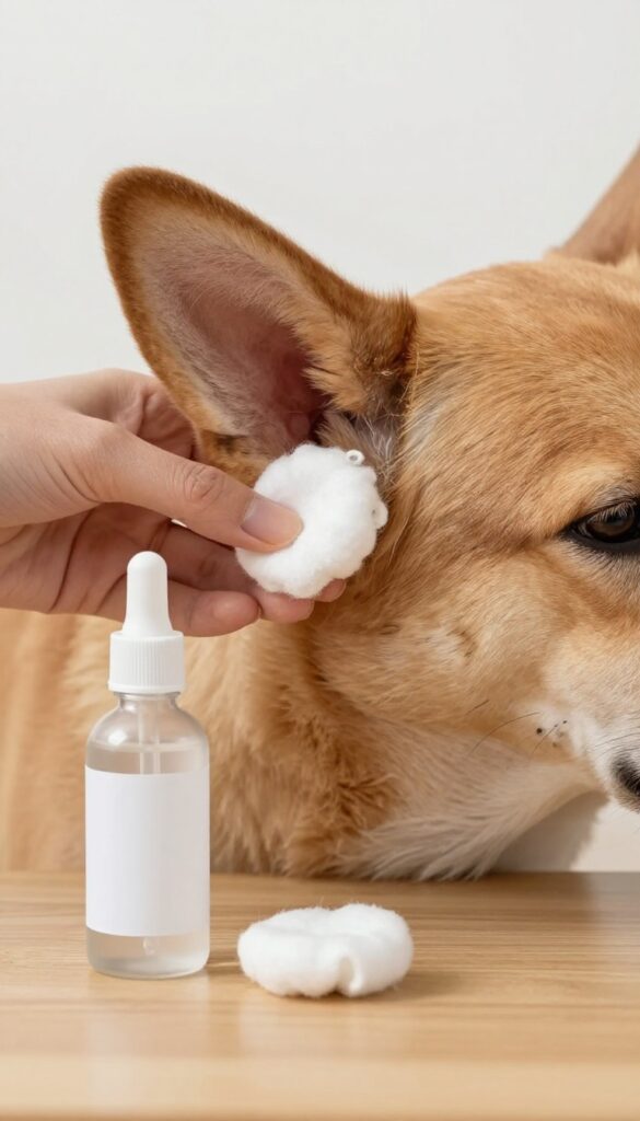 A close-up view of a dog's ear during a gentle cleaning process, featuring a cotton ball and a dropper bottle of ear cleaner on a wooden surface, illustrating safe and simple at-home grooming for dogs.