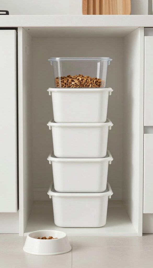 Slim stackable dog food containers on a shelf in a small kitchen, saving space with vertical storage.