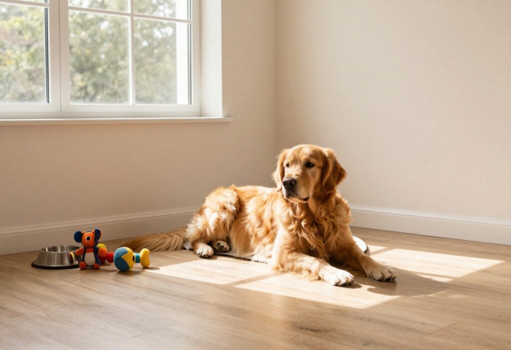 Cozy dog corner in a living room with a golden retriever resting on a bed