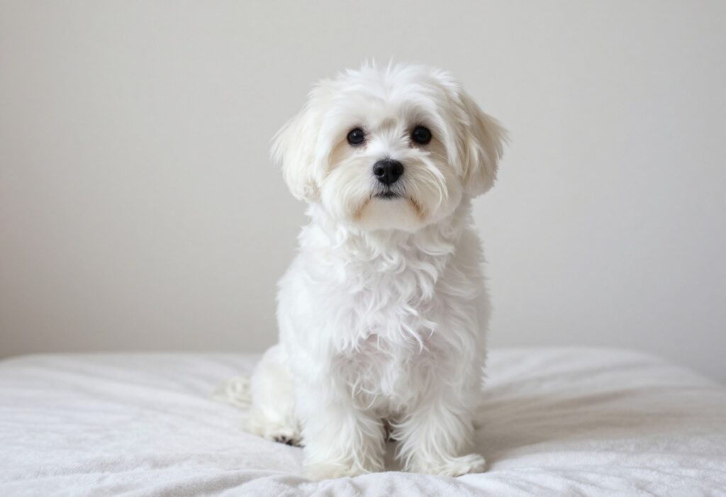 A well-groomed Maltese dog with a smooth coat sitting on a blanket at home