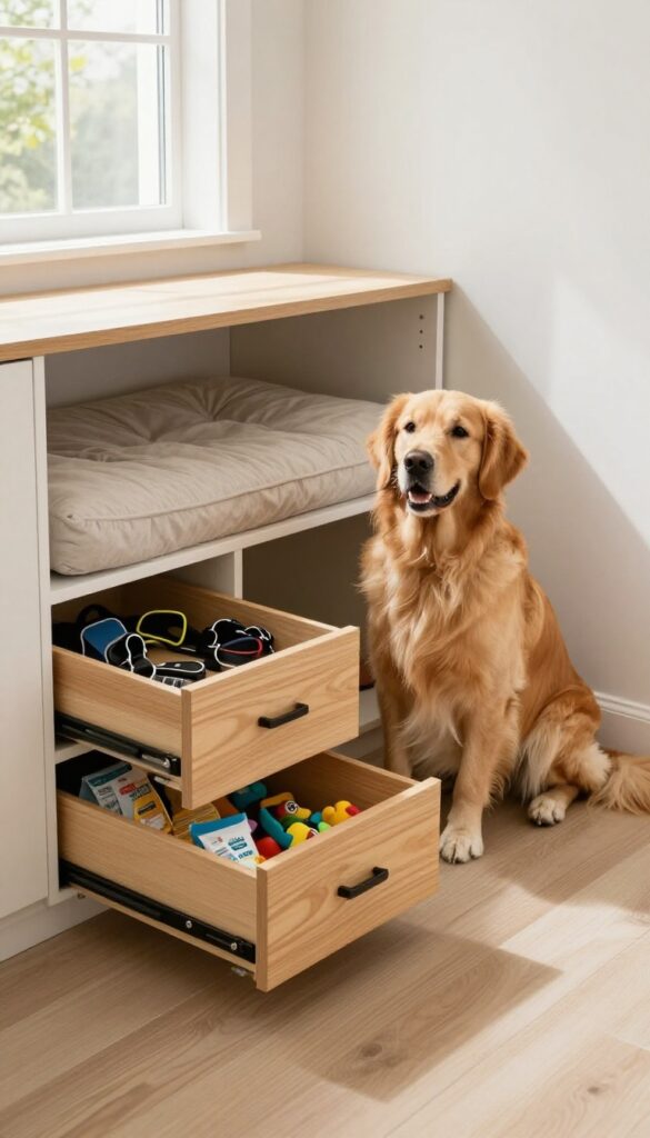 Under-stair dog kennel with multi-functional pull-out storage drawers for leashes, toys, and food bags in a bright, modern home.