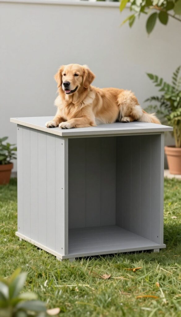 Minimalist cube dog house with a dog lounging on the flat roof in a sunny backyard.