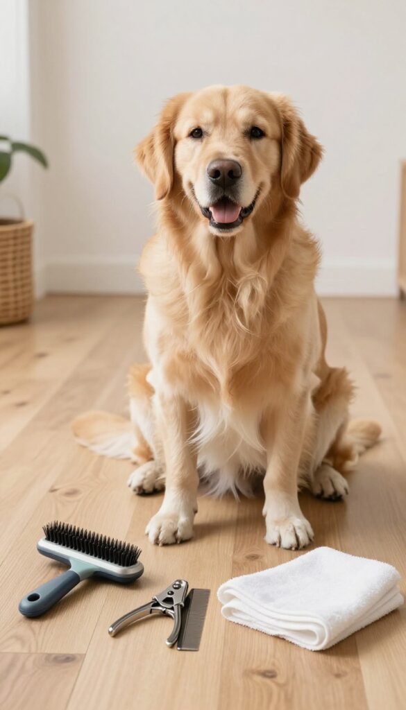 A happy dog sitting calmly with essential grooming tools like a brush and nail clippers arranged neatly nearby in a bright, natural-lit room.
