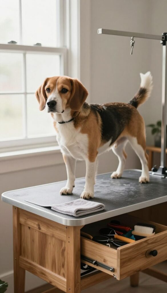 A medium-sized dog on a repurposed wooden desk used as a DIY grooming table with storage drawers and non-slip mat in bright natural light.