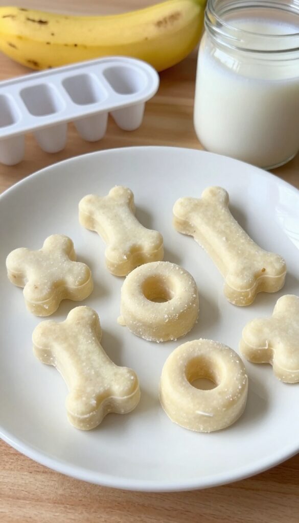 Close-up of homemade banana coconut frozen dog treats on a white plate, with a silicone mold and ingredients in the background, in bright natural light.