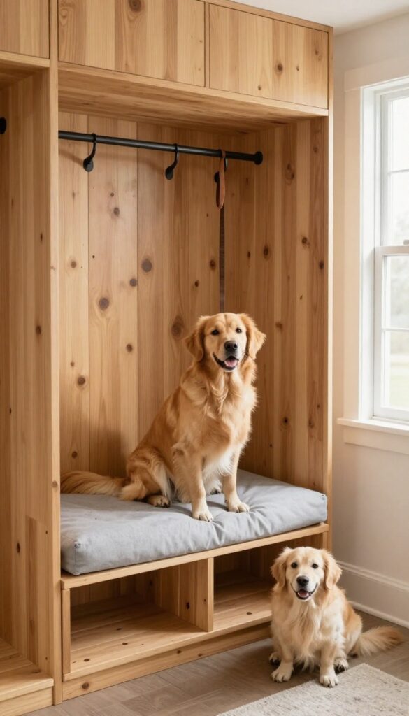 A dog sitting on a built-in crate bench with a washable cushion in a mudroom, showcasing a clean and organized entryway.