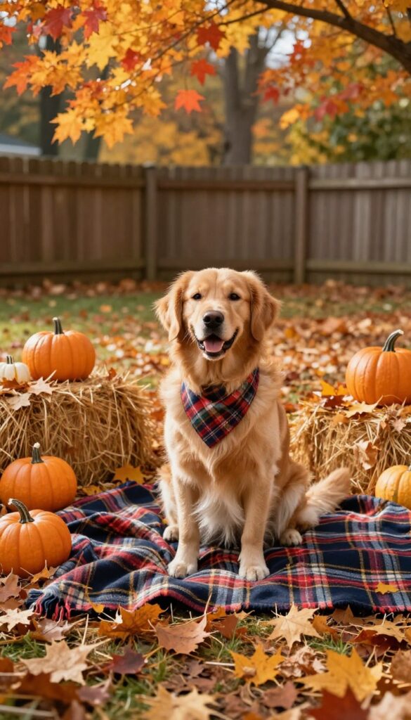 Golden retriever sitting on a plaid blanket with pumpkins and hay bale in an autumn backyard