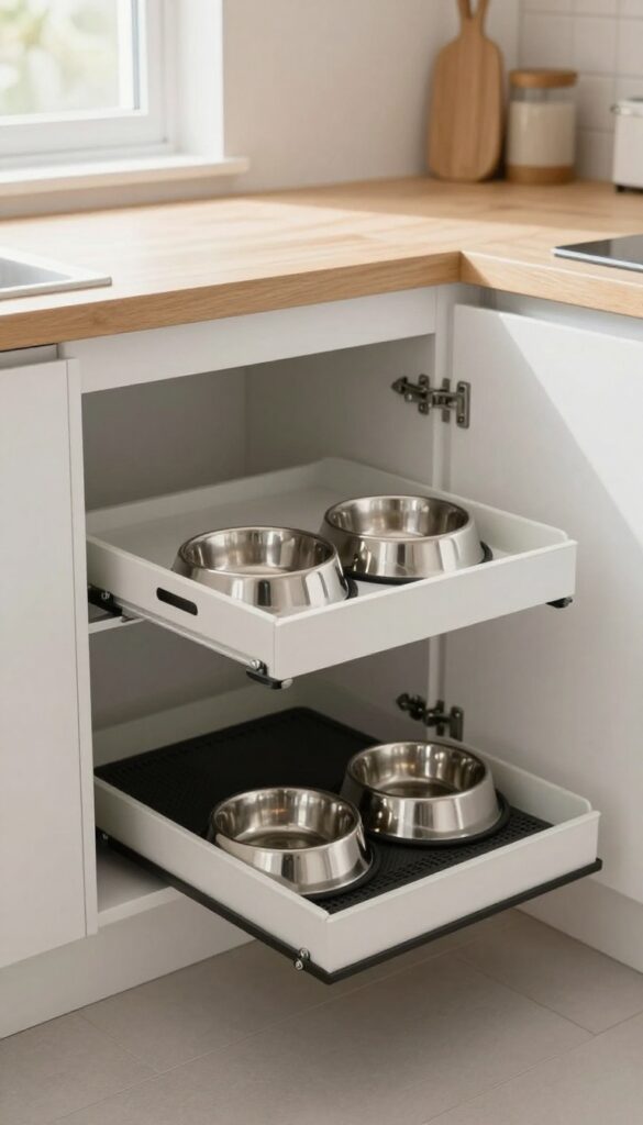 Kitchen cabinet feeding station for dogs with pull-out tray and bowls, bright natural light, clean minimalist style.