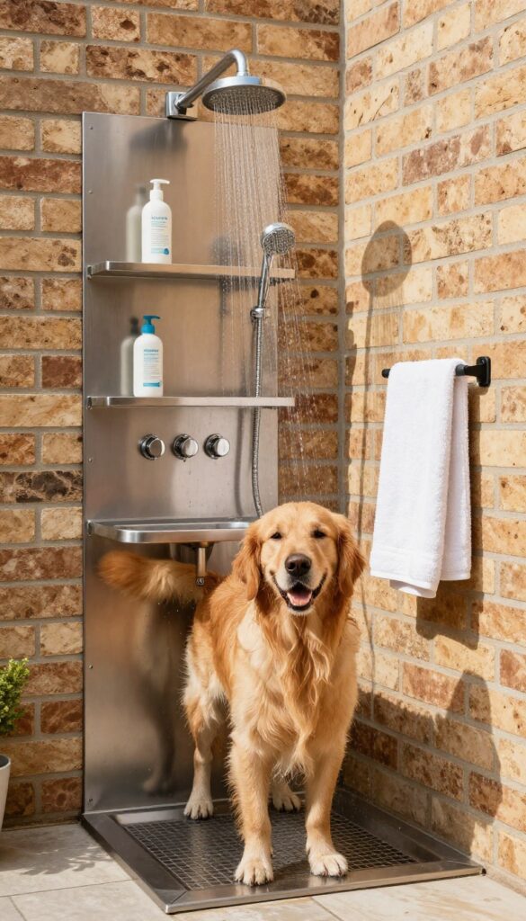 Outdoor built-in dog shower with hot and cold water, stainless steel basin, sprayer, and a golden retriever standing inside.