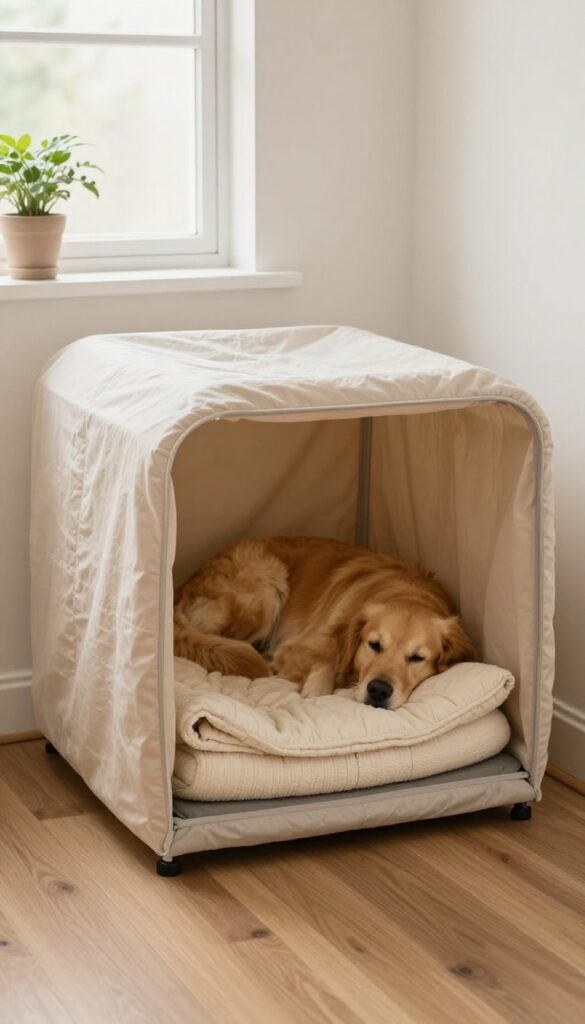 Cozy dog crate with soft cover and plush mat, dog resting inside, bright natural light, warm bedroom corner