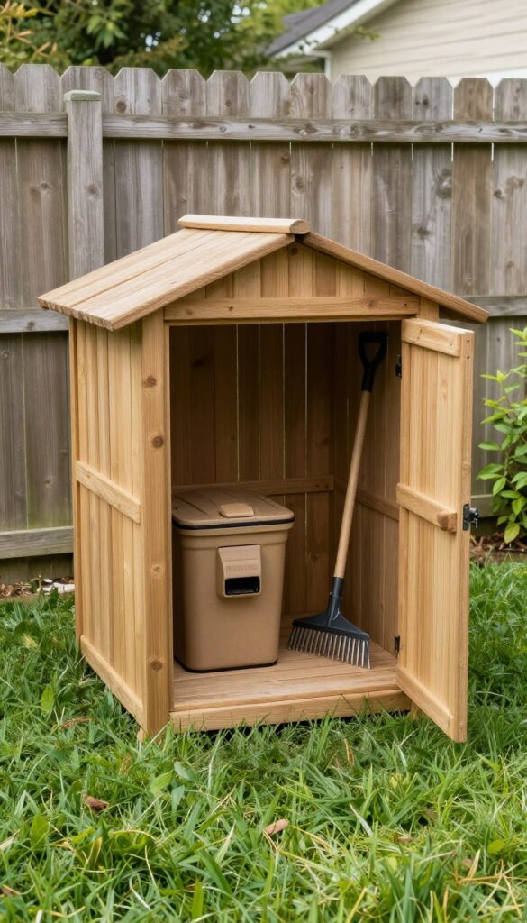 Dog kennel with built-in waste station, including bin and bag dispenser, in a sunny backyard