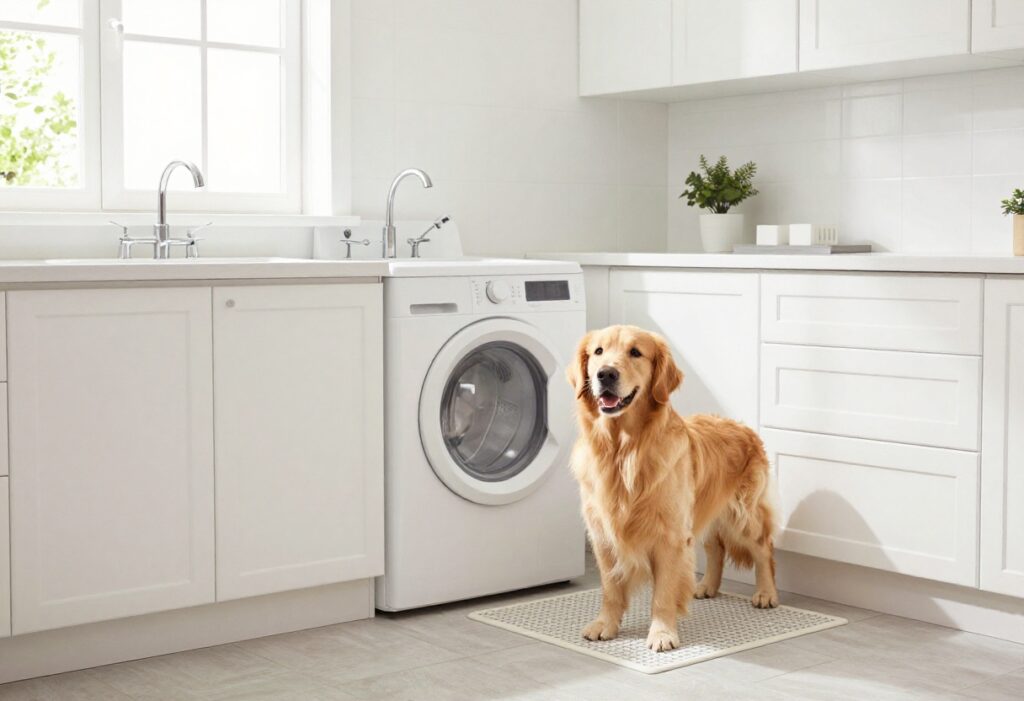 Laundry room with built-in dog wash station and golden retriever